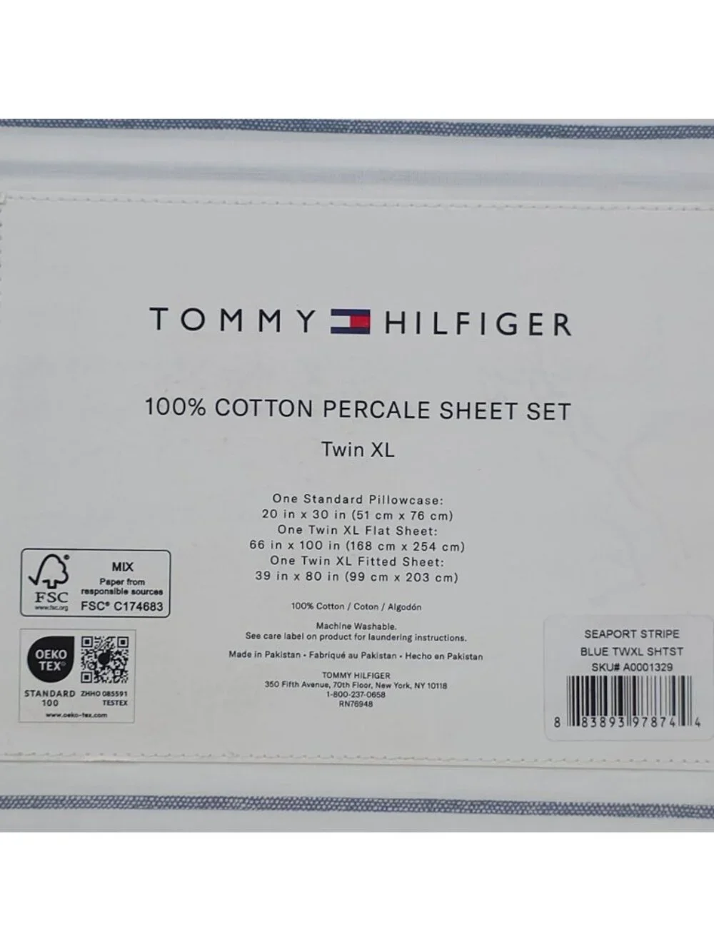 Tommy Hilfiger 100% Cotton Percale Sheet Set Twin XL Seaport Stripe Blue & White